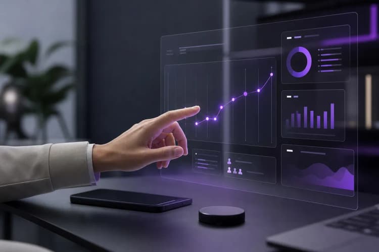 Mão humana interagindo com uma interface de computador futurista com elementos roxos.