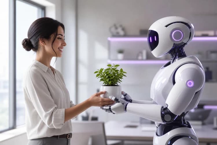 Um robô amigável e moderno entregando uma pequena planta em crescimento para uma pessoa.