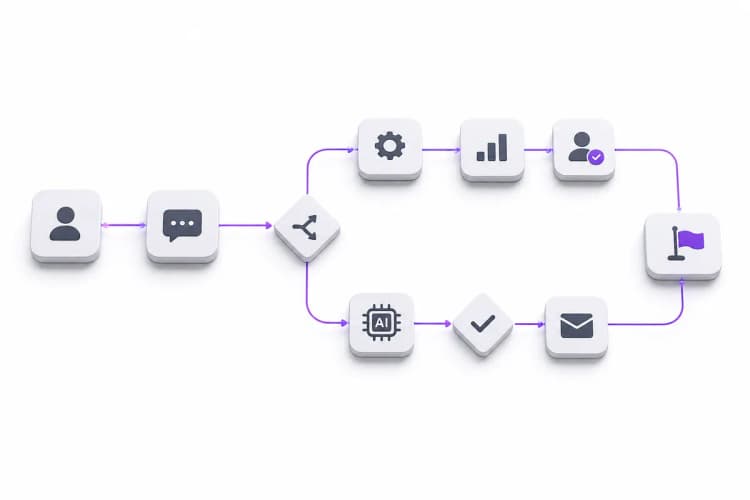 Diagrama de fluxo simples em tons de cinza e roxo mostrando um processo otimizado.