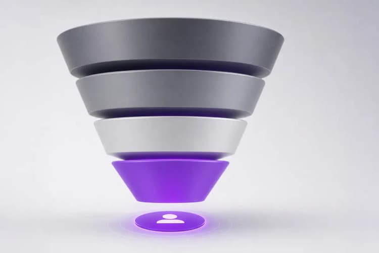 Gráfico de funil de vendas em tons de cinza com um destaque roxo na etapa de conversão.