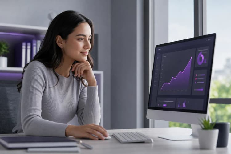 Mulher sorrindo olhando para um gráfico de crescimento em tela de computador, em ambiente de escritório moderno.