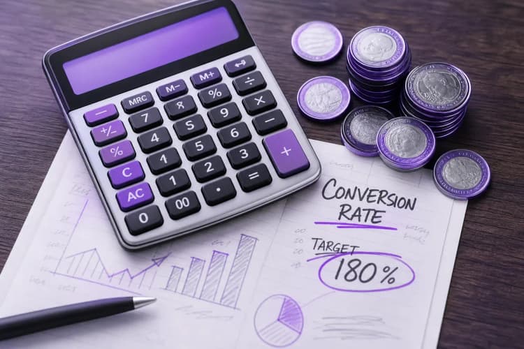 Calculadora e moedas sobre uma mesa com anotações, simbolizando cálculo de taxa de conversão.