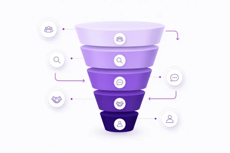 Diagrama de funil de vendas com ícones de etapas e setas conectando-as, em tons de roxo e branco.