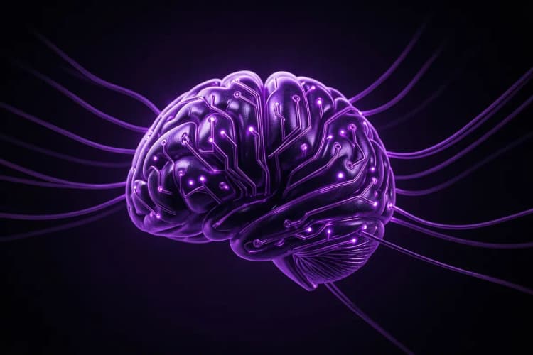 Um cérebro humano estilizado, feito de circuitos luminosos roxos e violetas, conectado a fluxos de dados abstratos em um fundo escuro.