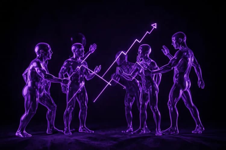 Um grupo de figuras humanas abstratas e estilizadas, feitas de luzes neon roxas, interagindo com gráficos de crescimento ascendentes em um fundo escuro.