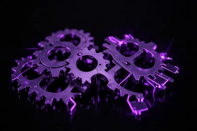 Um conjunto de ferramentas tecnológicas futuristas, como engrenagens e chips luminosos roxos, dispostas sobre uma superfície preta polida com reflexos.