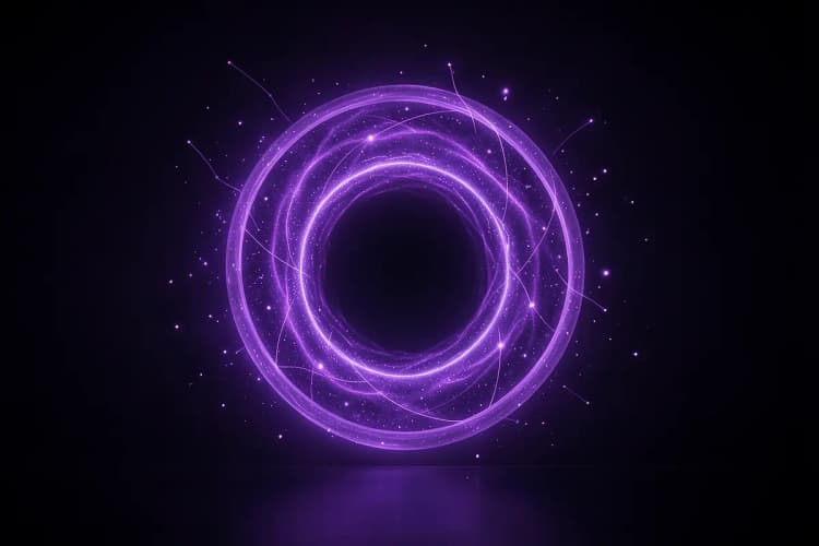 Um portal circular brilhante com tons de roxo e violeta, emitindo luz suave em um ambiente escuro, com elementos de dados abstratos flutuando ao redor.