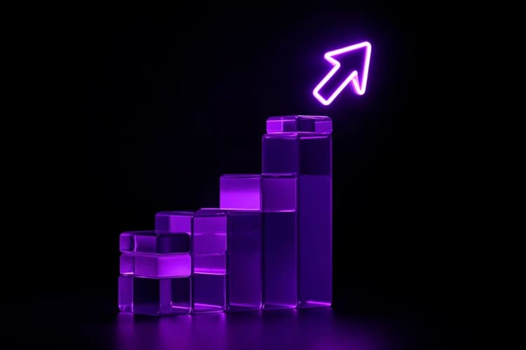 Um gráfico de barras ascendente feito de blocos luminosos roxos e violetas, com uma seta neon apontando para o topo em um fundo escuro.