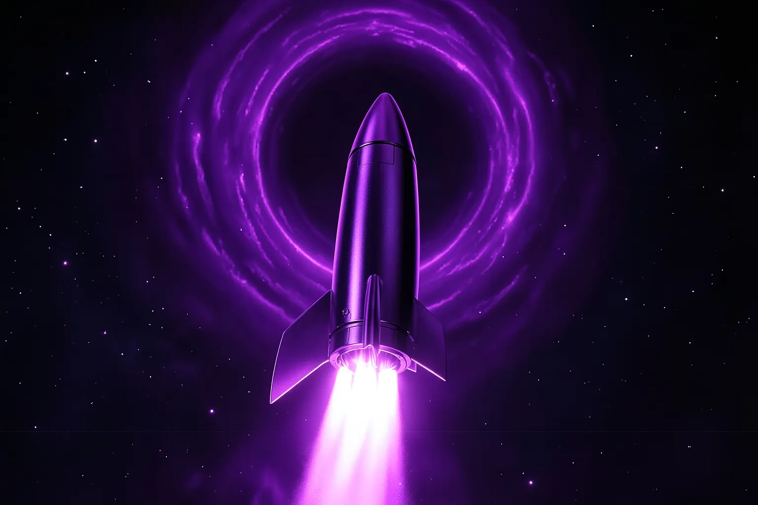 Um foguete estilizado decolando em direção a um portal cósmico, com trilhas de luz neon roxa e violeta em um fundo escuro e estrelado.