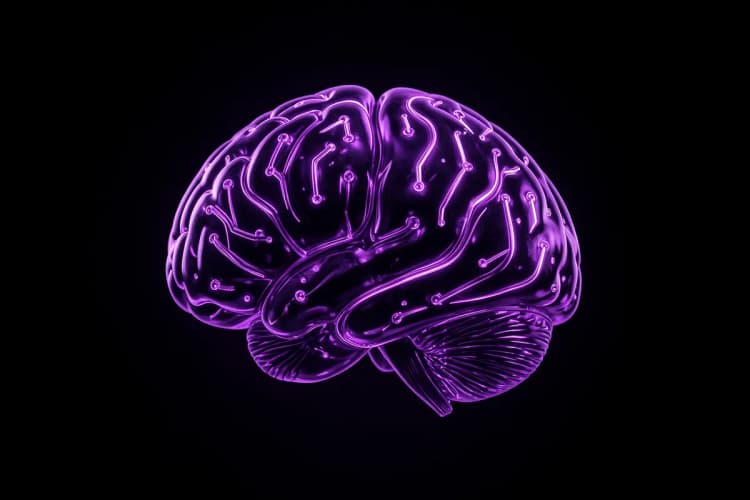 Um cérebro humano estilizado, feito de circuitos brilhantes em tons de roxo e neon, flutuando em um fundo escuro e minimalista.