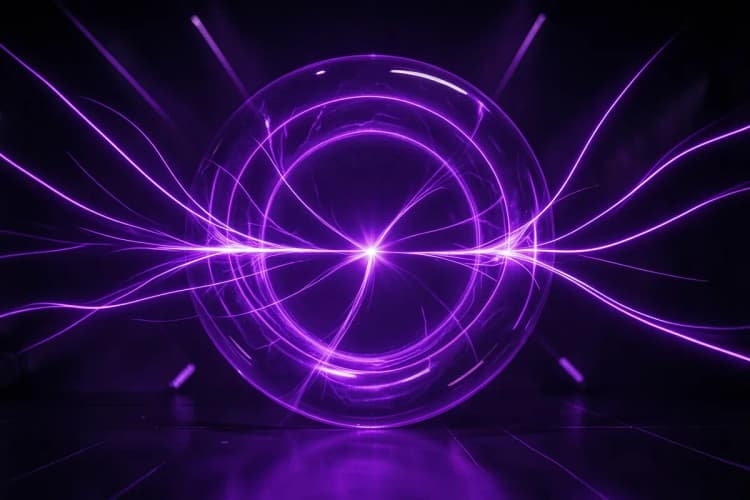 Um portal de energia roxa pulsante, com caminhos de luz neon se estendendo para fora em um fundo escuro e futurista.