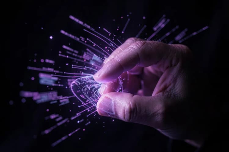 Uma mão humana tocando uma interface holográfica abstrata em tons de roxo e neon, com dados flutuando ao redor.