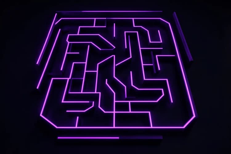 Um labirinto conceitual com caminhos de luz neon roxa em um fundo escuro, com uma única saída brilhante visível.