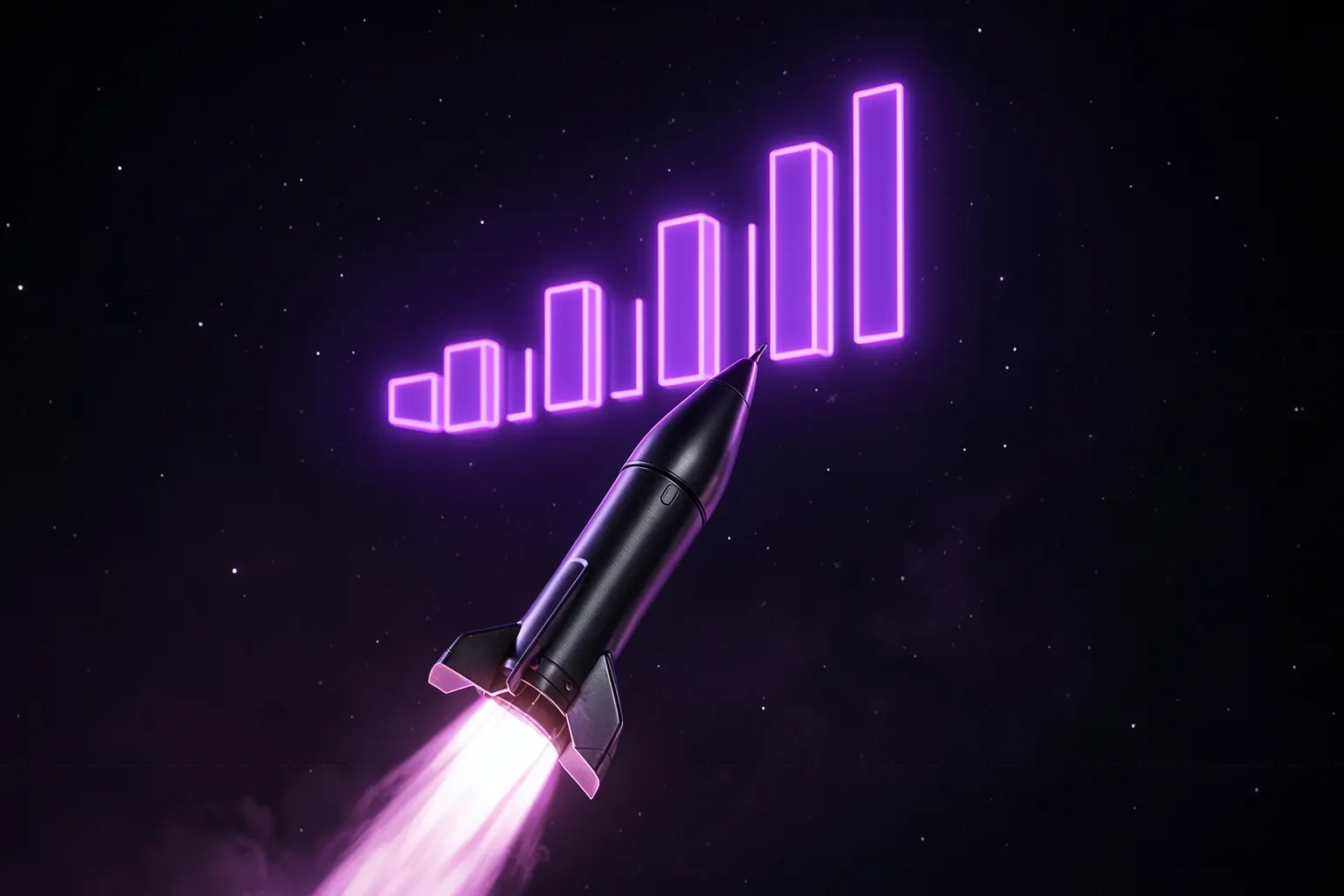 Um foguete decolando em direção a um gráfico de barras ascendente, com um fundo escuro e estrelado, em tons de roxo e neon.