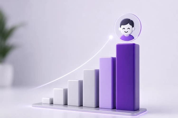 Gráfico de barras ascendente com um ícone de cliente sorrindo no topo, simbolizando o crescimento da satisfação do cliente.