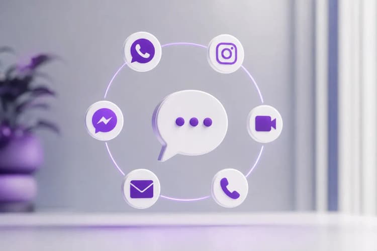 Ícones representando diferentes canais de comunicação (telefone, chat, email, redes sociais, vídeo) dispostos em círculo.