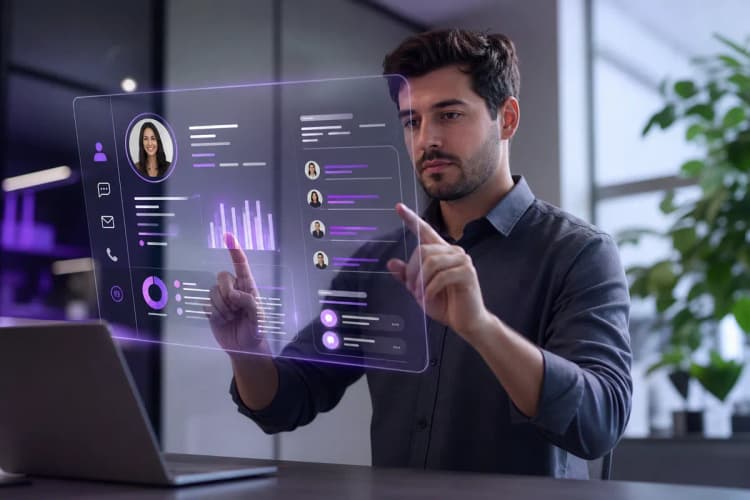 Pessoa em um ambiente de escritório moderno, interagindo com uma interface holográfica transparente que exibe dados de clientes.