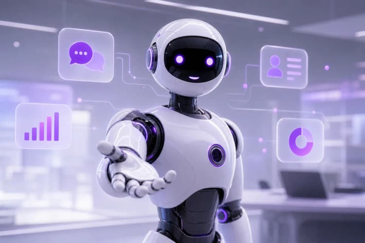 Um robô amigável e moderno estendendo uma mão para um cliente, com ícones de chat e dados flutuando ao redor.