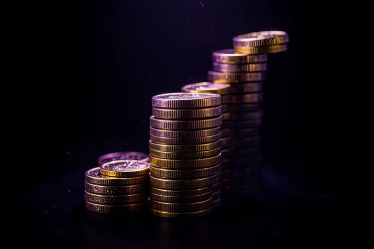 Gráfico de barras ascendente com moedas de ouro empilhadas ao lado, simbolizando crescimento financeiro.