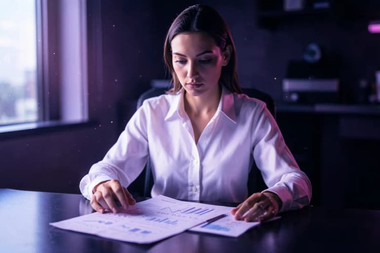 Mulher analisando um relatório em papel com gráficos, em uma mesa de escritório com um laptop.