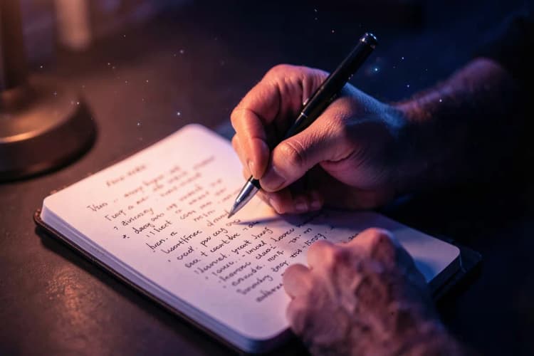 Mãos de empresário anotando em um caderno com uma caneta, sobre uma mesa com um laptop e um copo de café.