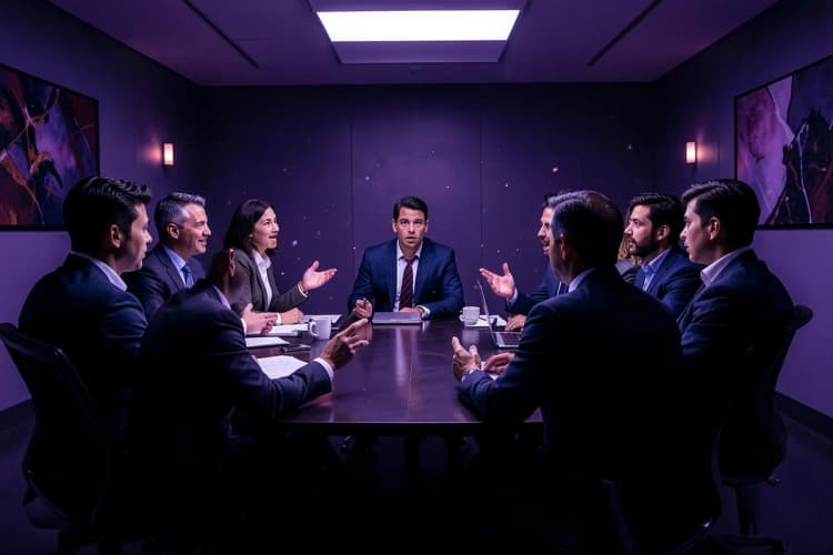 Grupo de pessoas em reunião de brainstorming, gesticulando e discutindo ideias em uma sala de conferências.