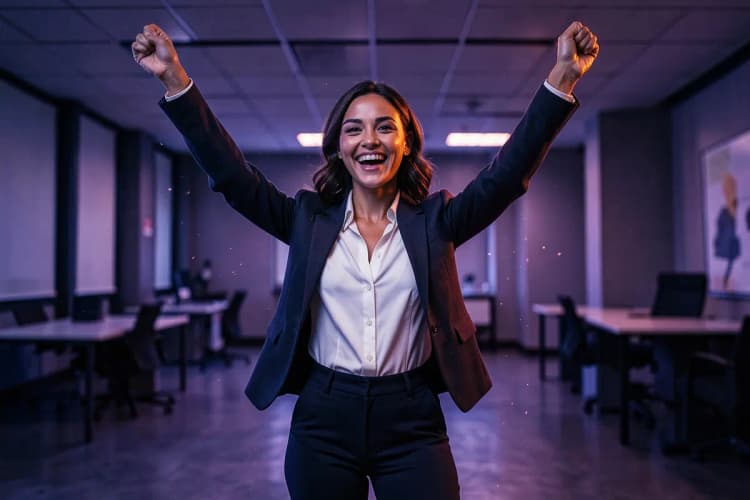 Mulher celebrando com os braços levantados em frente a um quadro branco com gráficos e anotações.