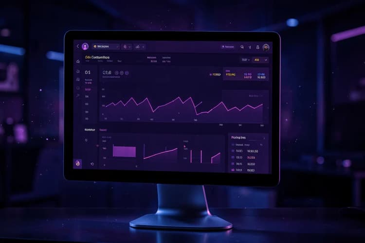 Tela de computador exibindo um painel de CRM com gráficos e dados de clientes.
