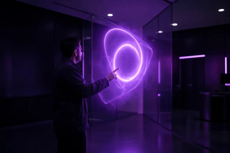 Uma pessoa interagindo com um portal de luz roxa que se abre em um ambiente de escritório moderno, representando a conexão e o acesso facilitado a dados do cliente.