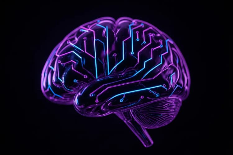 Um cérebro estilizado feito de circuitos luminosos roxos e azuis, flutuando em um espaço escuro, representando a inteligência e a estratégia de negócios.