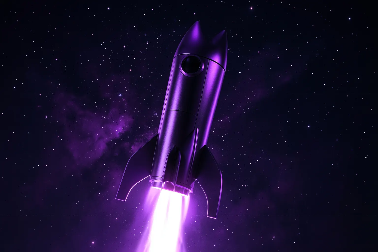 Um foguete estilizado decolando em direção a um céu noturno roxo com estrelas brilhantes e nebulosas, representando crescimento e avanço em negócios.