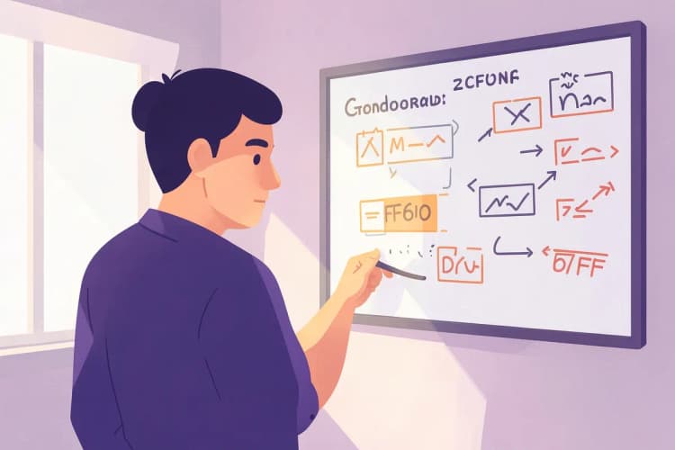 Uma pessoa pensativa olhando para um quadro branco com anotações e diagramas sobre a escolha de um CRM.