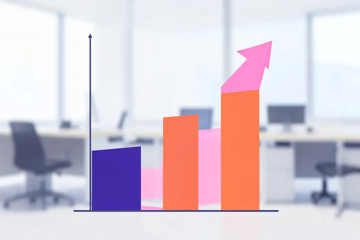 Um gráfico de barras mostrando um aumento acentuado nas vendas após a implementação de um CRM, em um ambiente de escritório.