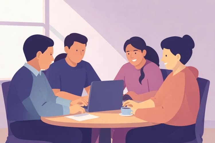 Uma equipe colaborando em torno de um laptop, discutindo a implementação de um novo sistema de CRM em uma sala de reuniões.