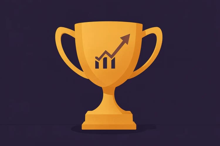 Uma ilustração de um troféu dourado com um símbolo de gráfico de crescimento estilizado, representando o melhor CRM.