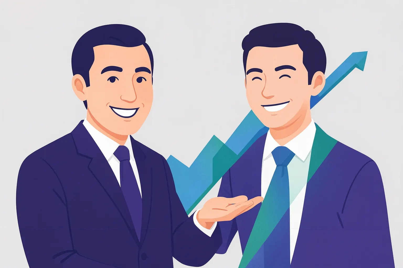 Um homem de negócios sorrindo e gesticulando em direção a um gráfico de crescimento abstrato em tons de azul e verde, em um fundo branco.