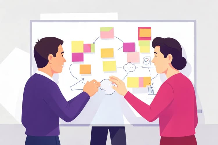 Equipe em reunião discutindo um projeto em um quadro branco.