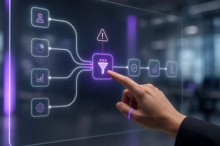 Mão apontando para um gargalo em um diagrama de fluxo de processo.