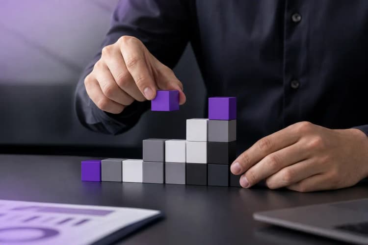 Pessoa organizando blocos de construção coloridos em uma mesa.