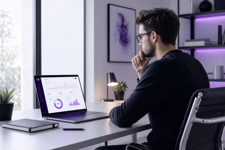 Pessoa sentada em uma mesa com um laptop aberto e um caderno.