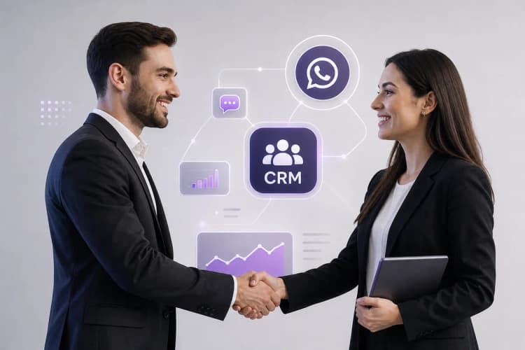 Duas pessoas apertando as mãos em frente a um fundo com ícones de CRM e WhatsApp interligados, simbolizando parceria e crescimento.