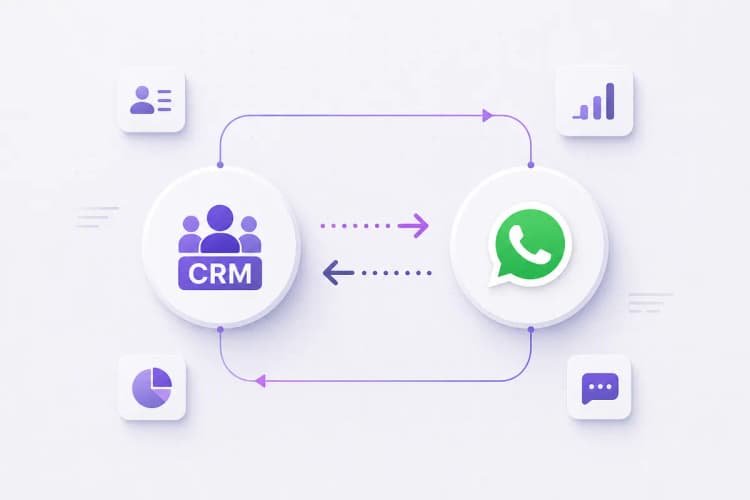 Diagrama simplificado mostrando a conexão entre um ícone de CRM e o ícone do WhatsApp, com setas indicando o fluxo de dados em um fundo limpo e tecnológico.