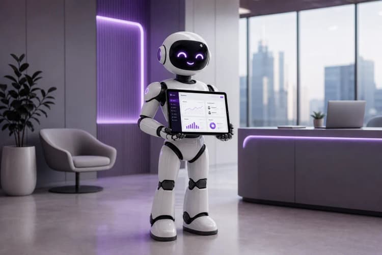 Um robô amigável e moderno segurando um tablet que exibe um painel de CRM estilizado, em um ambiente de escritório minimalista com toques de roxo.