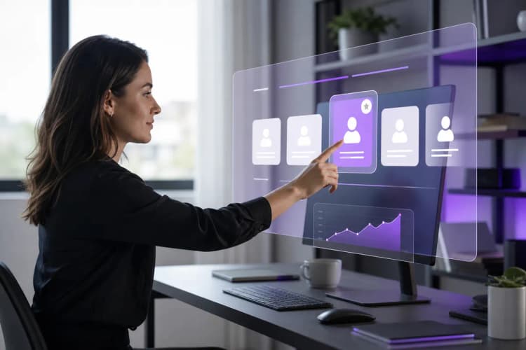 Uma pessoa escolhendo entre diferentes ícones de aplicativos de CRM em uma tela interativa, com um fundo desfocado de um espaço de trabalho organizado.