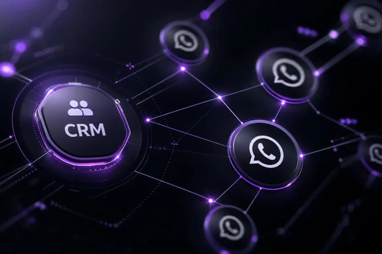 Uma representação visual de conexões de rede complexas entre ícones de CRM e WhatsApp, com alguns pontos de luz roxos sutis, em um fundo escuro e tecnológico.