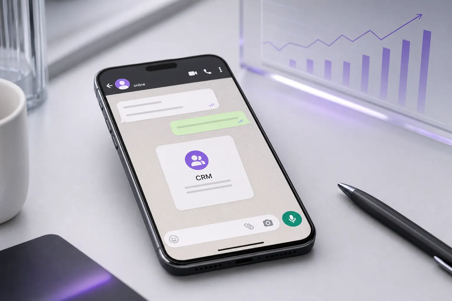Um smartphone exibindo uma interface de chat do WhatsApp com um ícone de CRM e um gráfico de crescimento sutil ao fundo, em um ambiente de escritório moderno e minimalista.
