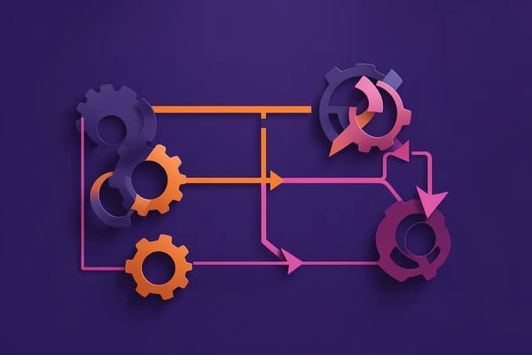 Diagrama de fluxo mostrando etapas de automação de vendas com ícones de engrenagens e setas.