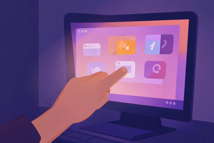 Pessoa escolhendo entre várias opções em uma tela de computador com ícones de software.