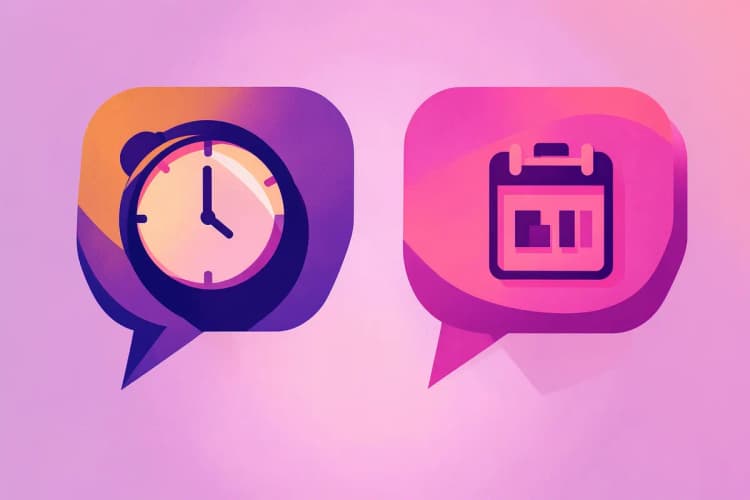 Balões de fala com ícones de relógio e calendário, simbolizando follow-ups automáticos.
