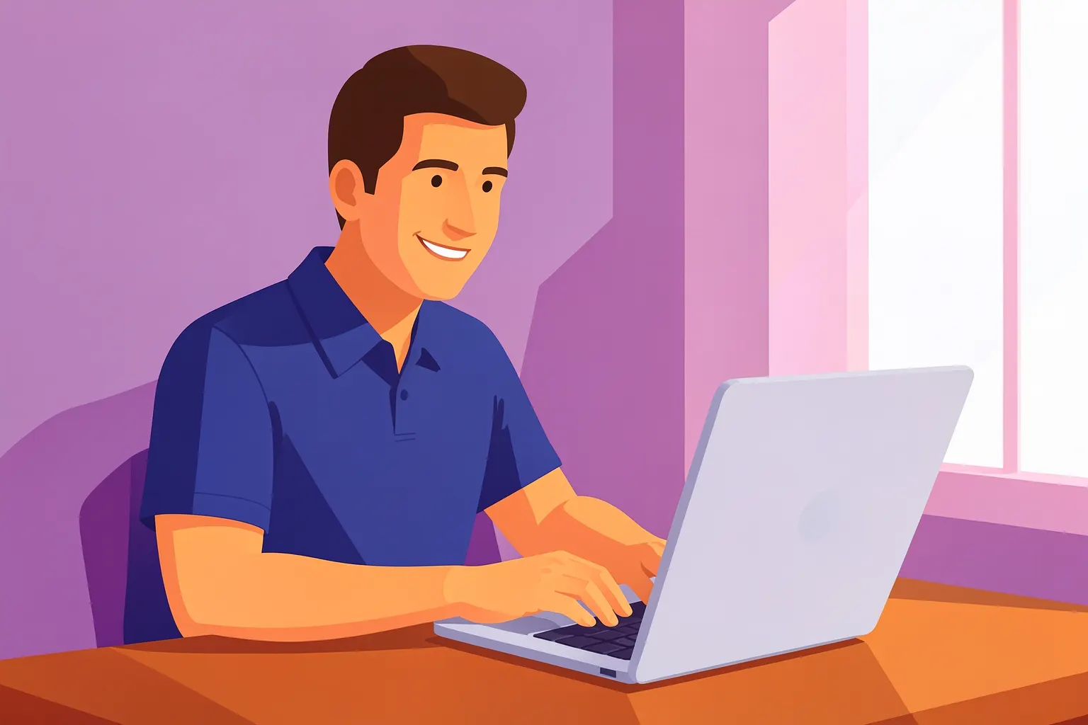 Homem sorrindo e trabalhando em um laptop com gráficos de crescimento em uma tela, em um escritório moderno.
